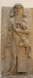 Gilgamesh, V rey de Uruk. Fuente: https://upload.wikimedia.org/wikipedia/commons/e/ed/Hero_lion_Dur-Sharrukin_Louvre_AO19862.jpg