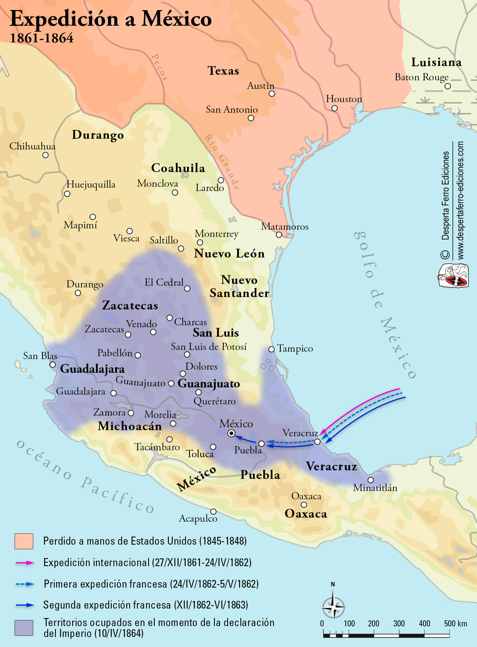 Mapa intervención francesa México Maximiliano I