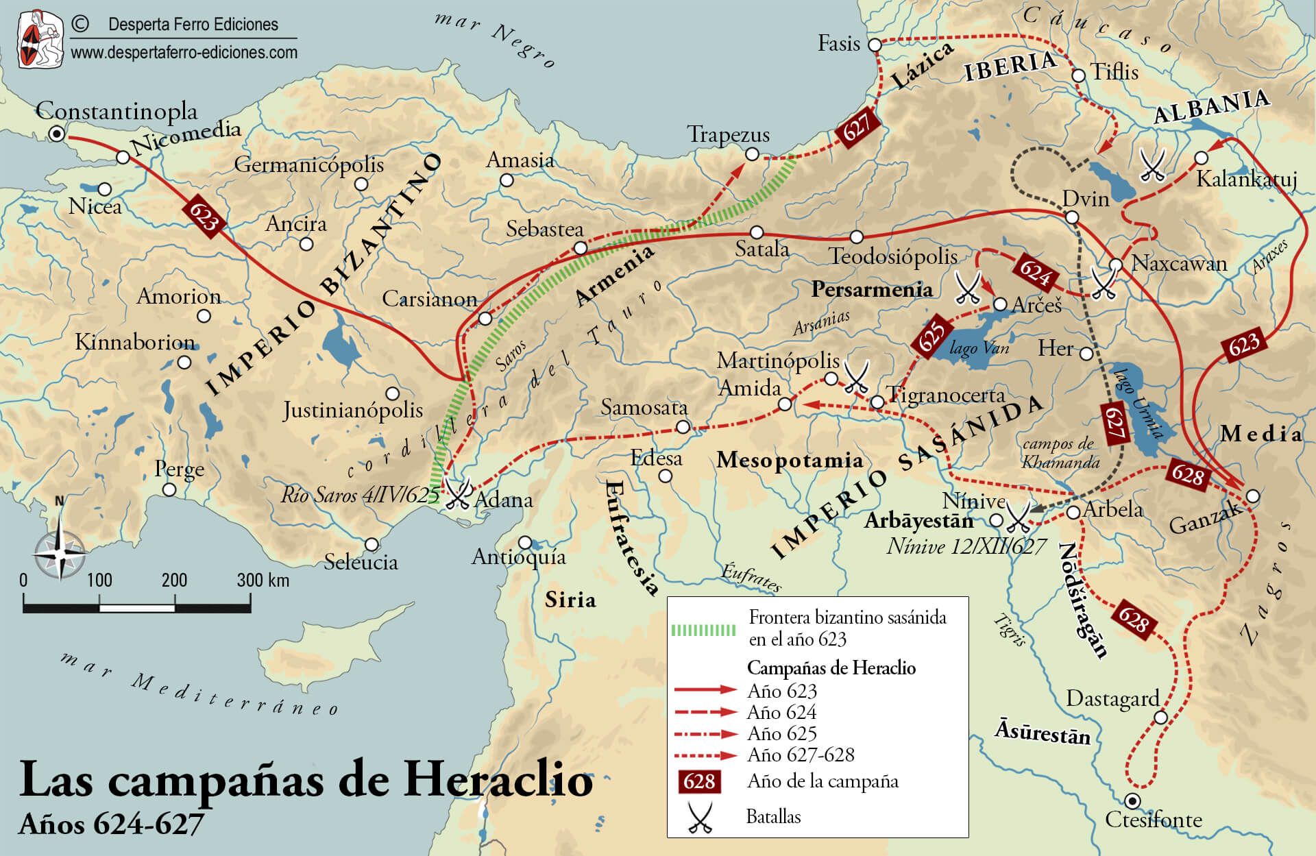 Mapa de las campañas de Heraclio contra la Persia sasánida