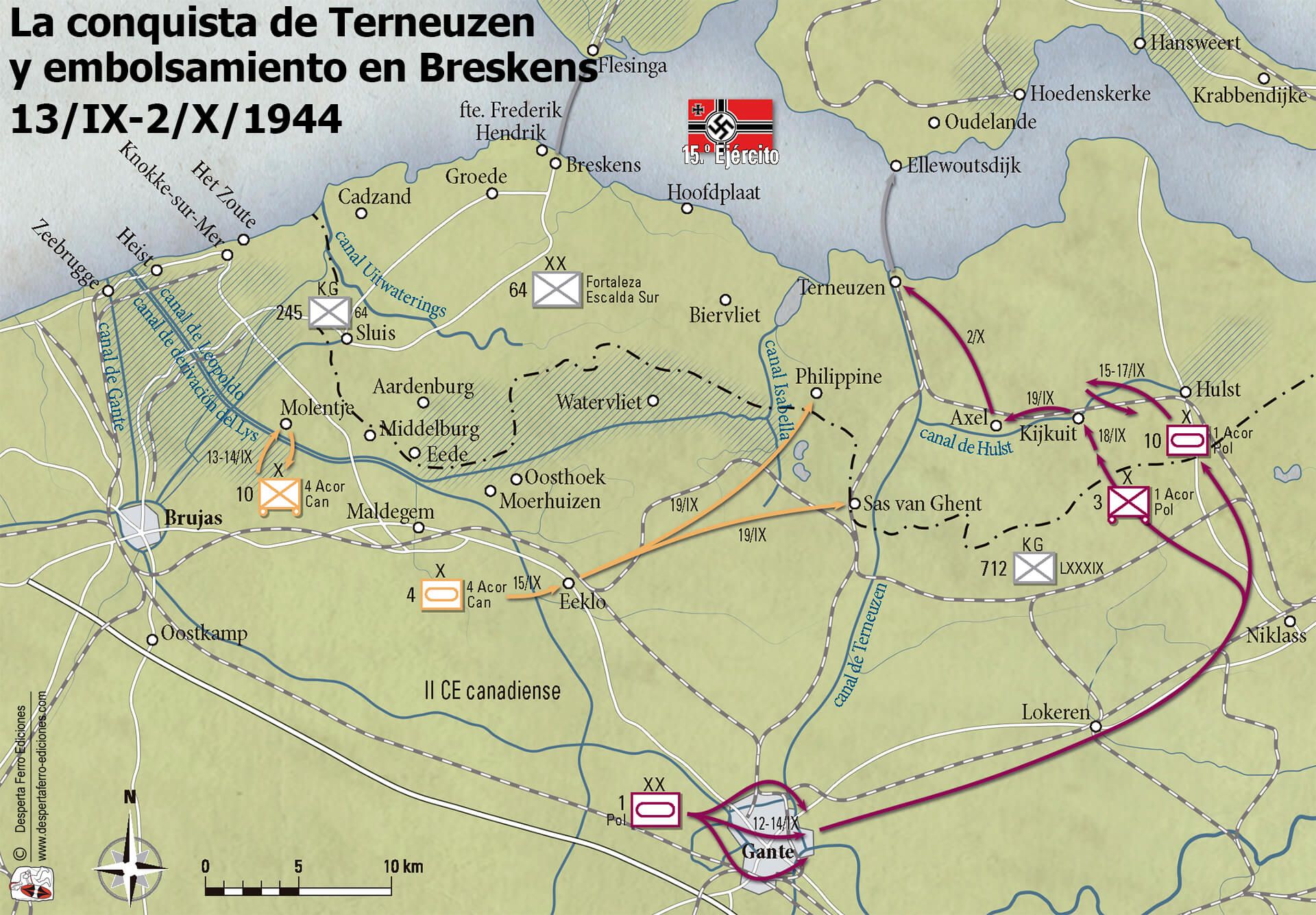 Mapa conquista de Terneuzen bolsa de Breskens Holanda Escalda