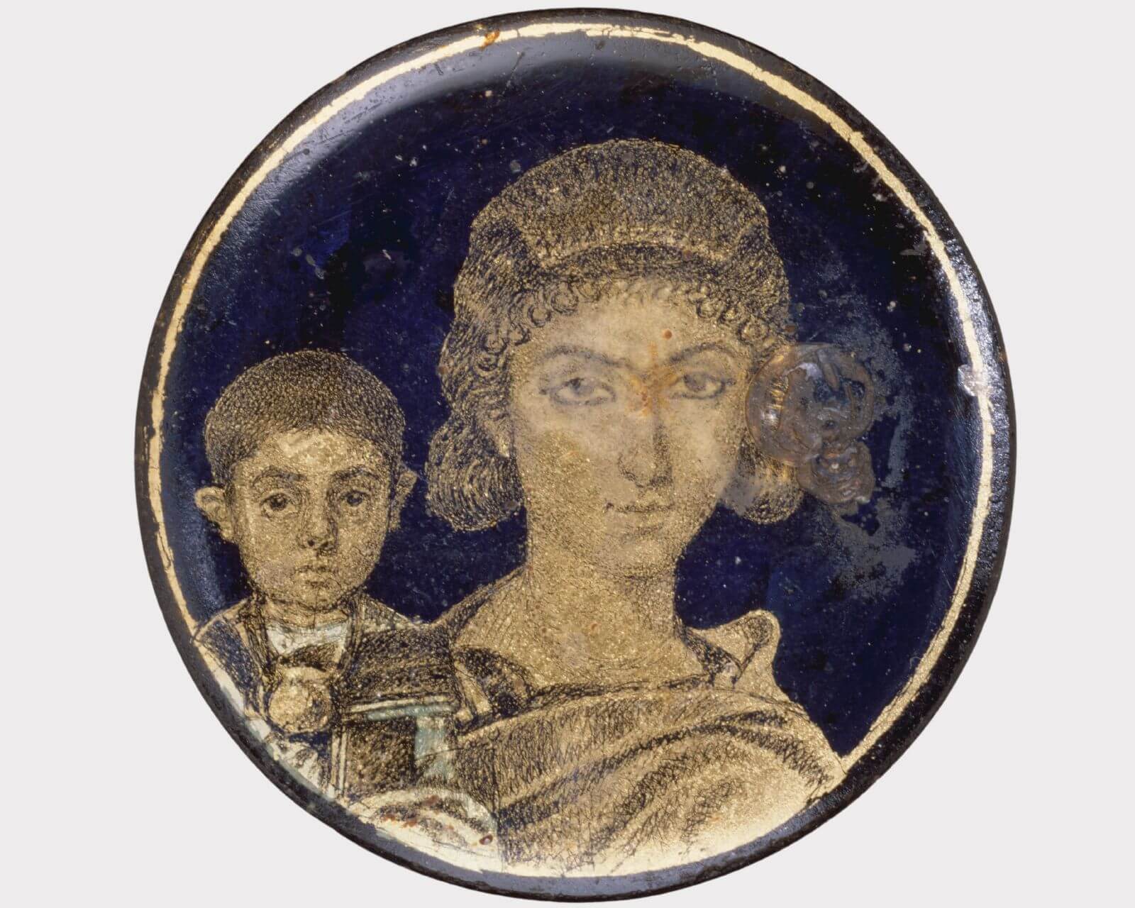 Medallón cristal dorado madre niño maternidad romana siglo IV