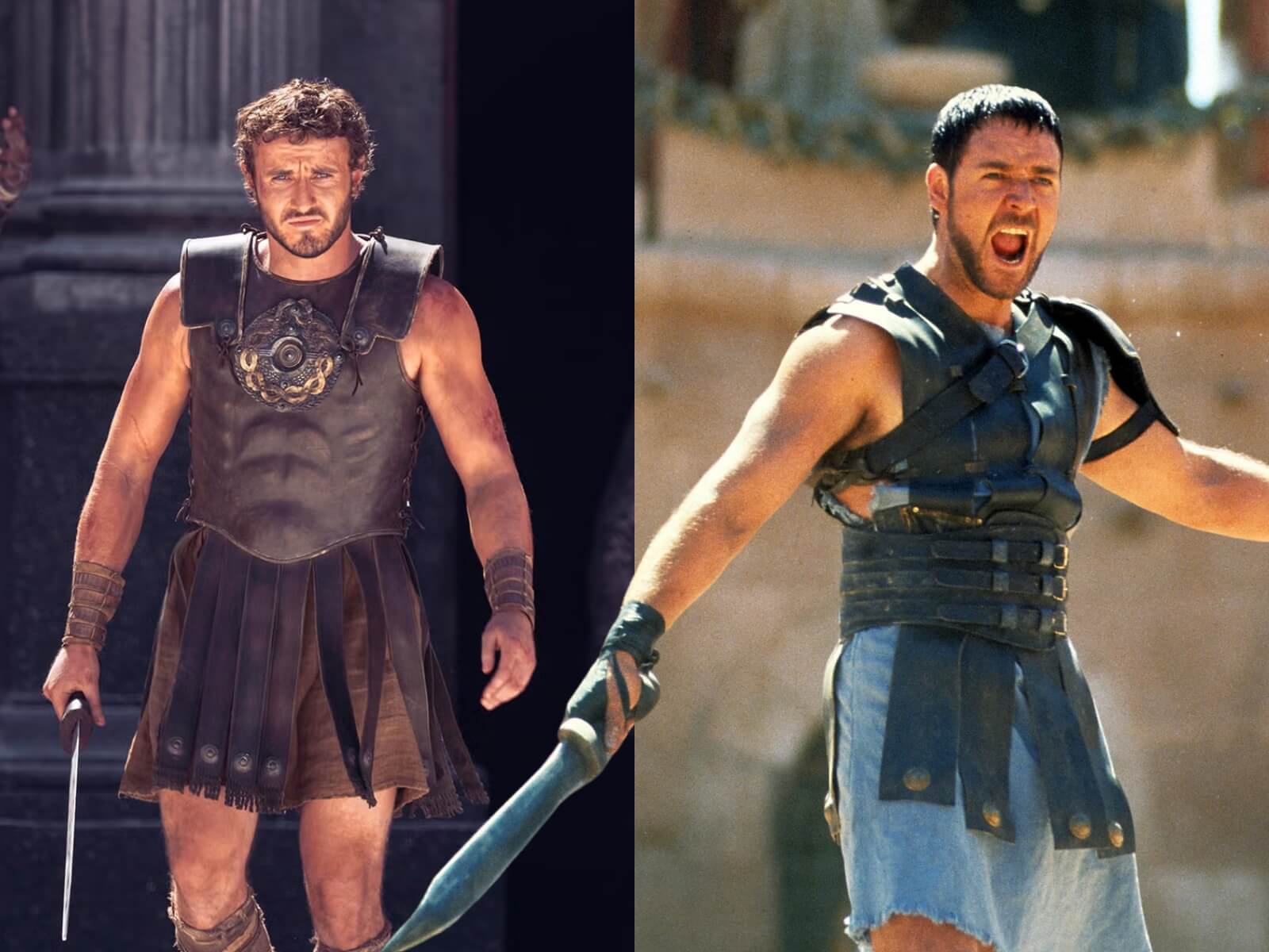 Paul Mescal, Jano en Gladiator II (2024), y Russel Crow, Máximo en Gladiator (2000).